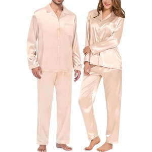 image:imageSWOMOG Matching Family Pajamas Set Silky Satin Christmas Pj Set Long Sleeve Button Down Sleepwear 2 Pcs Couple Matching SetChampagne
