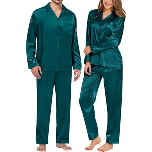 image:imageSWOMOG Matching Family Pajamas Set Silky Satin Christmas Pj Set Long Sleeve Button Down Sleepwear 2 Pcs Couple Matching SetGreen
