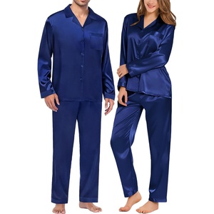 image:imageSWOMOG Matching Family Pajamas Set Silky Satin Christmas Pj Set Long Sleeve Button Down Sleepwear 2 Pcs Couple Matching SetNavy Blue