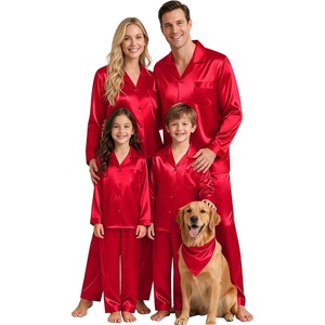 image:imageSWOMOG Matching Family Pajamas Set Silky Satin Christmas Pj Set Long Sleeve Button Down Sleepwear 2 Pcs Couple Matching SetRed