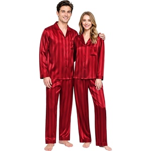 image:imageSWOMOG Matching Family Pajamas Set Silky Satin Christmas Pj Set Long Sleeve Button Down Sleepwear 2 Pcs Couple Matching SetRed Striped