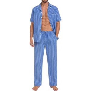 image:imageSWOMOG Mens 100 Cotton Pajama Set 2Pcs Button Down Pjs Set Short Sleeve Sleepwear with Long Pants Soft Stripe NightwearBright Blue Stripe