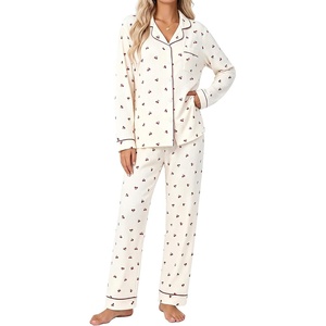 image:imageSWOMOG Pajamas for Women Sets 2 Piece Button Down Printed Pjs Long Sleeve Tops and Pants Sleepwear Cute LoungewearBeige Cherry