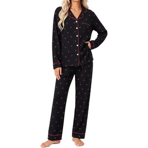 image:imageSWOMOG Pajamas for Women Sets 2 Piece Button Down Printed Pjs Long Sleeve Tops and Pants Sleepwear Cute LoungewearBlack Cherry