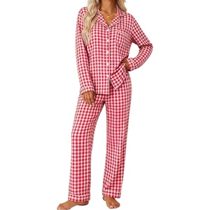 image:imageSWOMOG Pajamas for Women Sets 2 Piece Button Down Printed Pjs Long Sleeve Tops and Pants Sleepwear Cute LoungewearRed White Plaid