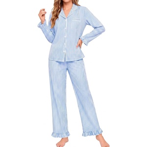 image:imageSWOMOG Women 100 Cotton Pajama Sets Two Piece Long Sleeve Ruffle Pj Sets Button Down Sleepwear Loungewear with PantsBlue Stripe