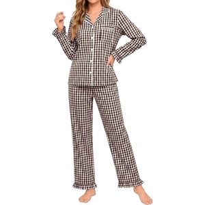 image:imageSWOMOG Women 100 Cotton Pajama Sets Two Piece Long Sleeve Ruffle Pj Sets Button Down Sleepwear Loungewear with PantsBrown Plaid