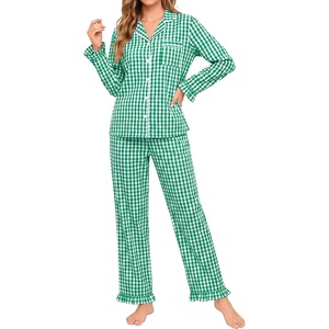 image:imageSWOMOG Women 100 Cotton Pajama Sets Two Piece Long Sleeve Ruffle Pj Sets Button Down Sleepwear Loungewear with PantsGreen Plaid