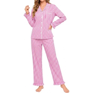 image:imageSWOMOG Women 100 Cotton Pajama Sets Two Piece Long Sleeve Ruffle Pj Sets Button Down Sleepwear Loungewear with PantsPink Plaid