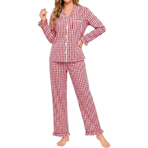 image:imageSWOMOG Women 100 Cotton Pajama Sets Two Piece Long Sleeve Ruffle Pj Sets Button Down Sleepwear Loungewear with PantsRed Plaid