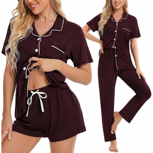 image:imageSWOMOG Womens 3pcs Button Down Pajamas Set Short Sleeve Sleepwear Bride Pj Lounge Set with Long PantsGrape Purple