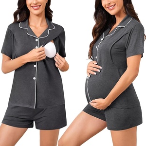 image:imageSWOMOG Womens Maternity Nursing Pajama Sets Breastfeeding Sleepwear Postpartum Lounge Sets Double Layer Short Sleeve PjsDeep Grey