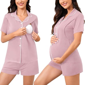 image:imageSWOMOG Womens Maternity Nursing Pajama Sets Breastfeeding Sleepwear Postpartum Lounge Sets Double Layer Short Sleeve PjsLight Pink