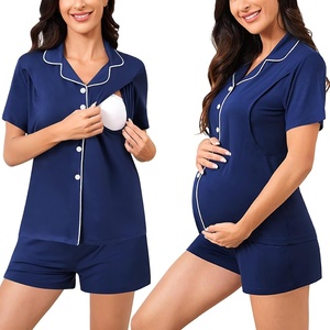 image:imageSWOMOG Womens Maternity Nursing Pajama Sets Breastfeeding Sleepwear Postpartum Lounge Sets Double Layer Short Sleeve PjsNavy Blue