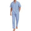 image:imageSWOMOG 100 Cotton Pajama Set For Men 2Pcs Button Down Pjs Set Short Sleeve Sleepwear with Long Pants Soft Stripe Nightwear Blue