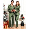 image:imageSWOMOG Family Matching Pajama Set Silk Satin Button Down Sleepwear WomenMenKids Long Sleeve 2 Pcs Pj SetOlive Green