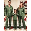 image:imageSWOMOG Family Matching Pajama Set Silk Satin Button Down Sleepwear WomenMenKids Long Sleeve 2 Pcs Pj SetOlive Green