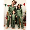 image:imageSWOMOG Family Matching Pajama Set Silk Satin Button Down Sleepwear WomenMenKids Long Sleeve 2 Pcs Pj SetOlive Green