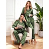 image:imageSWOMOG Family Matching Pajama Set Silk Satin Button Down Sleepwear WomenMenKids Long Sleeve 2 Pcs Pj SetOlive Green