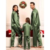 image:imageSWOMOG Family Matching Pajama Set Silk Satin Button Down Sleepwear WomenMenKids Long Sleeve 2 Pcs Pj SetOlive Green