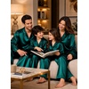 image:imageSWOMOG Family Satin Pajama Set Long Sleeve Sleepwear Button Down Loungewear Silky Pj Set with Long PantsPure Deep Green