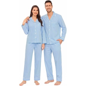 image:imageSWOMOG 100 Cotton Matching Christmas Couple Pajamas Set amp Dog BandanaBlue Striped