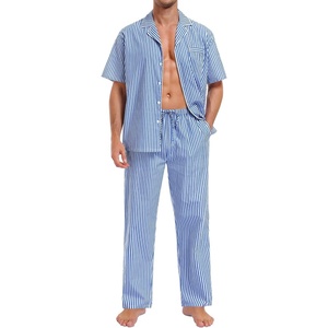 image:imageSWOMOG 100 Cotton Pajama Set For Men 2Pcs Button Down Pjs Set Short Sleeve Sleepwear with Long Pants Soft Stripe Nightwear Blue