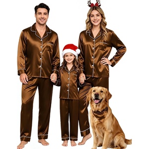 image:imageSWOMOG Family Matching Pajama Set Silk Satin Button Down Sleepwear WomenMenKids Long Sleeve 2 Pcs Pj SetBronze Brown
