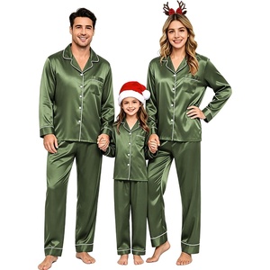image:imageSWOMOG Family Matching Pajama Set Silk Satin Button Down Sleepwear WomenMenKids Long Sleeve 2 Pcs Pj SetOlive Green