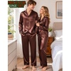 image:imageSWOMOG Matching Satin Pajamas for Couples Long Sleeve Button Down Sleepwear His and Hers Pajamas Sets Christmas LoungewearBrown