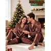 image:imageSWOMOG Matching Satin Pajamas for Couples Long Sleeve Button Down Sleepwear His and Hers Pajamas Sets Christmas LoungewearBrown
