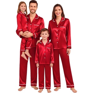 image:imageSWOMOG Family Matching Pajamas Set Silk Satin Long Sleeve Sleepwear Button Down Loungewear 2 Pcs Pj SetRed