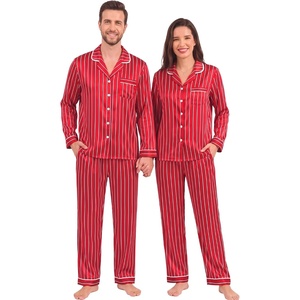 image:imageSWOMOG Family Matching Pajamas Set Silk Satin Long Sleeve Sleepwear Button Down Loungewear 2 Pcs Pj SetRed Striped