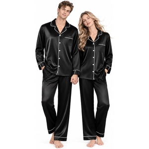 image:imageSWOMOG Matching Satin Pajamas for Couples Long Sleeve Button Down Sleepwear His and Hers Pajamas Sets Christmas LoungewearBlack