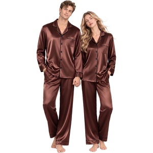 image:imageSWOMOG Matching Satin Pajamas for Couples Long Sleeve Button Down Sleepwear His and Hers Pajamas Sets Christmas LoungewearBrown
