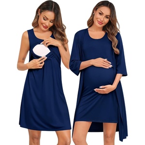 image:imageSWOMOG Women Maternity Nursing Gown and 34 Sleeve Robe Set Labor Delivery Nightgown Breastfeeding Hospital BathrobeNavy Blue