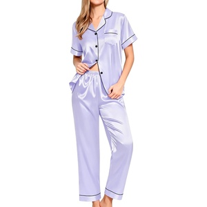 image:imageSWOMOG Women Satin Pajamas Set Short Sleeve Top amp Pants Sleepwear Silky Button Down Nightwear 2pcs Loungewear Pjs SetLavender