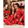 image:imageSWOMOG Couples Matching Pajamas Set Women amp Men Satin Long Sleeve Sleepwear Soft Button Down Pj Set Silk LoungewearRed Christmas Oh Print