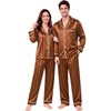 image:imageSWOMOG Christmas Family Matching Pajamas Sets Couple Silk Satin Long Sleeve WomenMenKids Button Down 2 Pcs PJs SetsBrown Striped
