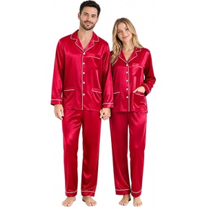 image:imageSWOMOG Couples Matching Pajamas Set Women amp Men Satin Long Sleeve Sleepwear Soft Button Down Pj Set Silk LoungewearLight Red