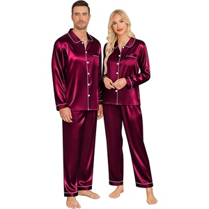 image:imageSWOMOG Couples Pajamas Sets Silk Satin Long Sleeve Sleepwear Button Down Loungewear Pjs Set Classic Pajama SXXLDeep Wine Red