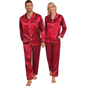 image:imageSWOMOG Couples Pajamas Sets Silk Satin Long Sleeve Sleepwear Button Down Loungewear Pjs Set Classic Pajama SXXLStripes Red