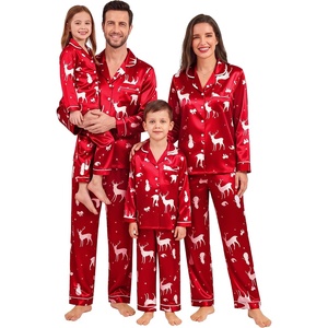 image:imageSWOMOG Family Matching Christmas Pajamas Set Silk Satin Long Sleeve Sleepwear WomenMenKids Button Down Loungewear Pj SetReindeer Snowflake Print