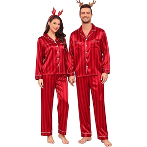image:imageSWOMOG Family Matching Christmas Pajamas Silk Satin Long Sleeve Button Down 2Pcs Festival Sleepwear for MenWomen amp KidsRed Stripes