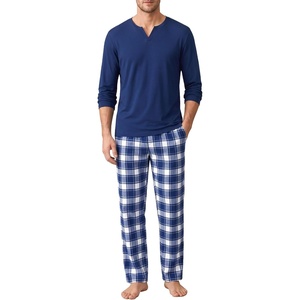 image:imageSWOMOG Mens Pajamas Set 2PC Flannel Long Sleeve Pjs Soft Loungewear Christmas Plaid Sleepwear with PocketsNavy Blue Plaid