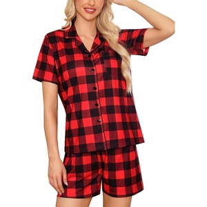 image:imageSWOMOG Womens Button Down Pajamas Set Short Sleeve Sleepwear Bride Soft Pj Lounge Sets XS3XLRed Black Plaid1