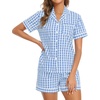 image:imageSWOMOG 100 Cotton Pajama Set For Women 2PCS Striped Pjs Set Short Sleeve Shirts with Pockets Button Down Cute LoungewearBlue Gingham