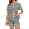 image:imageSWOMOG 100 Cotton Women Pajama Set 2 Piece Gingham Pjs Set Short Sleeve Plaid Sleepwear Button Down Lounge SetBlack Striped
