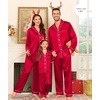 image:imageSWOMOG Family Matching Pajama Set Silky Satin Pajamas Long Sleeve Sleepwear Button Down Loungewear 2 Pcs Pj SetRed 140Age for 1011Y