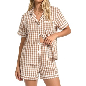 image:imageSWOMOG 100 Cotton Pajama Set For Women 2PCS Striped Pjs Set Short Sleeve Shirts with Pockets Button Down Cute LoungewearBrown Gingham
